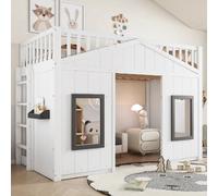 Lit mezzanine maison enfant avec escalier et fenêtre - Espace bas modulable - Pin & MDF blanc 90x200 cm
