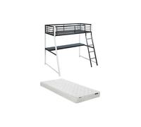 Lit mezzanine MALICIA - 90 x 190 cm - bureau intégré - Noir et blanc + matelas