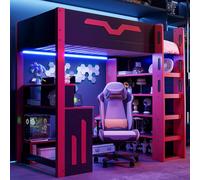 Lit mezzanine Merax Gaming 90 x 200 cm avec bureau, lit superposé avec escalier à rangements et éclairage LED, multifonctionnel, lit pour adolescent, noir + rouge