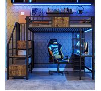 Lit mezzanine métal 140 x 200 cm noir avec bureau rangements penderie LED, prise EU hauteur 144 cm chambre ado studio moderne chic