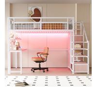 Lit Mezzanine Métal 140x200 avec Bureau et Rangement - Échelle de Stockage, Placard, Table, Étagère et Grille, LED et Prises, Blanc