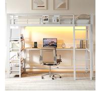 Lit mezzanine métal 140x200cm, lit 2 places avec bureau intégré, rangement, lit ado avec de recharge USB et éclairage LED, blanc