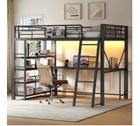 Lit mezzanine métal 140x200cm, lit 2 places avec bureau intégré, rangement, lit ado avec de recharge USB et éclairage LED, noir