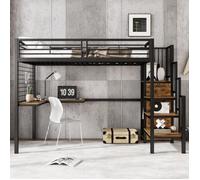 Lit mezzanine métal 90x200 cm avec bureau et armoire - échelle et main courante, noir bois foncé, enfantsadolescents