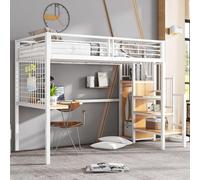Lit mezzanine métal 90x200cm avec échelle sécurisée et rangement modulable, blanc