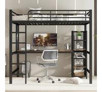 Lit mezzanine métal avec bureau, étagères multiples, grille métallique et échelle, métal et MDF, noir et bois foncé, 90x200 cm