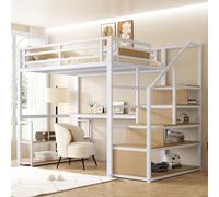 Lit mezzanine métallique Fortuna Lai 140*200 avec échelle de rangement, étagères et table, barrière de sécurité avec planches métalliques assemblées, lit haut à cadre en fer avec structure métallique 