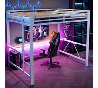 Lit mezzanine métallique pour gamers 140 x 200 cm avec bureau, éclairage LED et ports USB, lit moderne pour adolescents, idéal pour une chambre de gamers ou un bureau à domicile, blanc