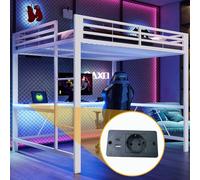 Lit mezzanine métallique pour gamers 160 x 200 cm avec bureau, éclairage LED et ports USB, lit moderne pour adolescents, idéal pour une chambre de gamers ou un bureau à domicile, blanc