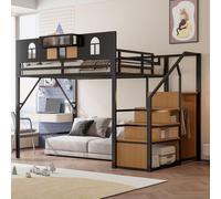 Lit mezzanine métallique Sweiko 140 x 200 cm, Avec échelle de rangement, fenêtre, panneaux de bois et filet, Clôture surélevée unique, Espace de rangement au lit, Cadre métallique stable, Noir