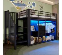 Lit mezzanine mi-haut 90 x 200 cm avec éclairage LED, armoire ouverte et 2 tiroirs, lit avec rangement en métal et MDF noir