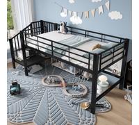 Lit mezzanine mi-haut 90 x 200 cm en métal avec escalier à rangement et sommier à lattes | Lit d'enfant et de jeune solide | Silencieux et peu encombrant | Noir