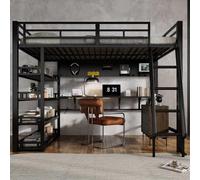 Lit mezzanine moderne avec espace de rangement généreux, station de recharge USB intégrée et échelle de rangement pratique - Construction stable en noir, 140x200cm