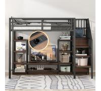 Lit mezzanine multifonctionnel - 90x200 cm - Support TV intégré - Prise intégrée - Échelle sécurisée