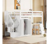 Lit mezzanine multifonctionnel avec bureau, armoire & espace de rangement - gain de place, en bois massif, sûr, blanc, 90x200 cm