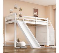 Lit mezzanine pour enfant 90 x 200 cm en pin et MDF, lit ludique avec toboggan, échelle de rangement et barrière de sécurité, silencieux et stable, conforme à la norme EN 747, blanc