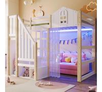 Lit mezzanine pour enfant 90 x 200 cm en pin et MDF, lit ludique en forme de château avec éclairage LED, escalier avec rangement et voile, stable et silencieux, sans matelas, blanc/naturel