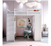 Lit Mezzanine Pour Enfant 90x200 cm avec Chariot de Rangement Amovible, Lit Enfant avec Penderie, Lit Simple avec éTagèRes, Blanc