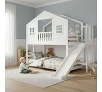 Lit mezzanine pour enfant avec toboggan, détails au niveau des fenêtres et du toit, structure robuste, en pin, MDF et contreplaqué, idéal pour toutes les chambres d'enfant, 90 x 200 cm, blanc