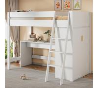 Lit mezzanine pour enfant, multifonctionnel avec échelle, bureau et armoire, modulable à volonté, sans matelas, en bois massif, blanc, 90 x 200 cm
