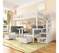 Lit mezzanine pour enfants 90 x 200 cm avec bureau et escalier à rangements, en pin massif. Lit superposé multifonctionnel avec coussins d'assise, lit ludique pour enfants, blanc