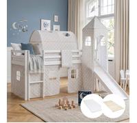 Lits superposé 90x200 cm avec Toboggan et Tour Matelas Lit mezzanine en Bois Pin Massif Rideau Tunnel Étoilés Gris Sommier à lattes
