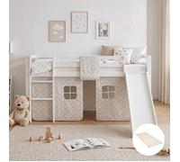 Lits superposé 90x200 cm avec Toboggan Sommier à lattes Lit mezzanine en Bois Pin Massif Rideau Étoilés Gris