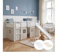 Homestyle4u Lit mezzanine 90x200 avec toboggan, matelas, pin massif, rideau étoiles gris