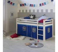 Lit mezzanine pour enfants 90 x 200 cm, blanc, avec rideau bleu | avec sommier à lattes | avec matelas