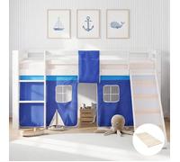 Lits superposé 90x200 cm avec Toboggan Sommier à lattes Lit mezzanine en Bois Pin Massif Rideau Bleu