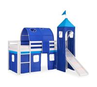 Homestyle4u – Lit mezzanine enfant 90 x 200 cm avec toboggan, tour et rideau bleu