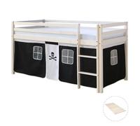 Lits superposé 90x200 cm avec Sommier à lattes Lit mezzanine en Bois Pin Massif Rideau Pirate Noir