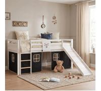 Homestyle4u Lit mezzanine 90x200 cm – Pin massif, sommier à lattes, toboggan, rideau pirate noir