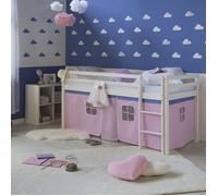 Homestyle4u Lit mezzanine 90x200 cm en pin massif avec matelas, sommier à lattes et rideau rose