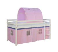 Homestyle4u Lit mi-haut 90x200 cm - pin massif, matelas, tunnel rideau rose, sommier à lattes