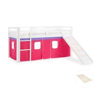 Lits superposé 90x200 cm avec Toboggan Sommier à lattes Lit mezzanine en Bois Pin Massif Rideau Rose