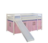 Lit mezzanine pour enfants 90 x 200 cm, blanc avec rideau rose | Toboggan | Avec sommier à lattes