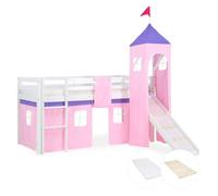 Lit mezzanine pour enfants 90 x 200 cm, blanc avec rideau rose | Toboggan | Tour | Avec sommier à lattes