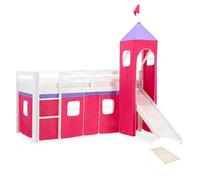 Lits superposé 90x200 cm avec Tour Toboggan Sommier à lattes Lit mezzanine en Bois Pin Massif Rideau Rose