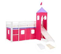 Lits superposé 90x200 cm avec Tour Toboggan Matelas Lit mezzanine en Bois Pin Massif Rideau Rose Sommier à lattes