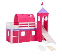 Homestyle4u Lit superposé 90x200 cm tour, tunnel et toboggan, matelas, rideau rose, sommier à lattes