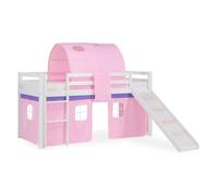 Lit mezzanine pour enfants 90 x 200 cm, blanc, avec rideau rose | Tunnel | Toboggan | Sans sommier à lattes