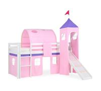 Homestyle4u Lit mezzanine pour enfants 90 x 200 cm – toboggan, tour, tunnel, rideau rose