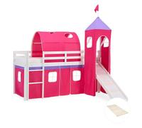 Lits superposé 90x200 cm avec Tour Tunnel Toboggan Sommier à lattes Lit mezzanine en Bois Pin Massif Rideau Rose