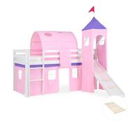 Homestyle4u Lit mezzanine 90x200cm – toboggan, tour, tunnel, sommier à lattes, pin massif blanc/rose