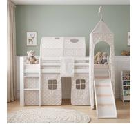 Homestyle4u - Lit mezzanine 1887 - Toboggan, échelle, tunnel et tour avec rideau, pin blanc - 90x200