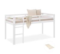 Homestyle4u Lit mi-hauteur massif 90x200 cm blanc pour adolescents avec sommier à lattes et échelle