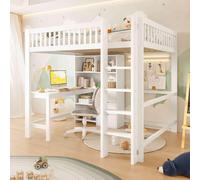 Lit mezzanine pour enfants & adolescents avec bureau, étagères & 3 tiroirs, échelle stable, design moderne, 140x200 cm blanc