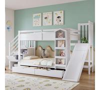 Lit mezzanine pour enfants avec toboggan, armoire-escalier, bibliothèque et 2 tiroirs à roulettes en pin + MDF + contreplaqué, 90 x 200 cm, blanc