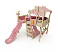 Lit mezzanine pour enfants Wickey « CrAzY Snuggy » en forme de maison avec toboggan - Rose pastel